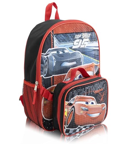 Disney Pixar Cars Backpack with Lunch Box Set for Boys | 15 Lightning McQueen School Bookbag & Insulated Lunch Bag with Racing Graphics | Boys Backpack Set | Ages 3+