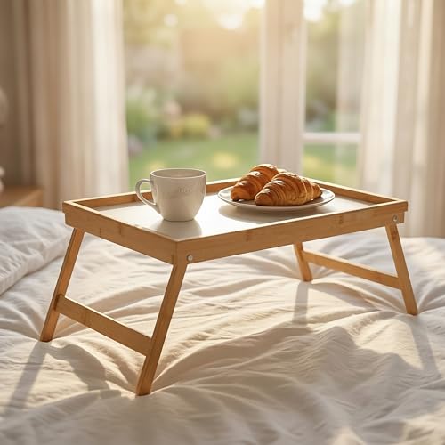 Miniatura 2 de Relaxdays Bandeja Cama De Bambú Y Mdf, Patas Plegables, Mesita Desayuno, Mesilla Sofá, 23,5 X 63 X 31 Cm, Natural Blanco