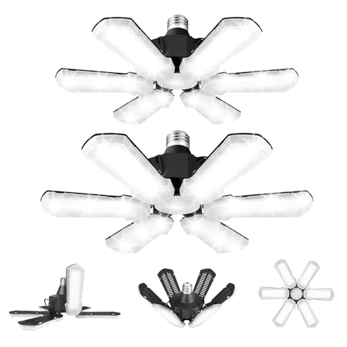 TANBABY Upgrade 2 Pack LED Garage Lights, 150W Deformable Ceiling LED Shop Lights, 15000LM E26/E27Garage Lighting with 6+1 Adjustable Panels Garage Bulb for Basement