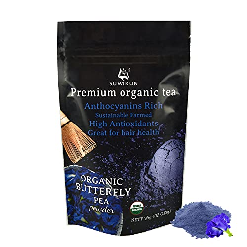 Suwirun Organic Butterfly Pea Powder 4oz | Non GMO Vegan Natural Food Coloring Organic Butterfly Pea Flower Tea Powder Blue Powder - Herbal Blue Butterfly Pea Tea Blue Butterfly Pea Flower Tea Powder
