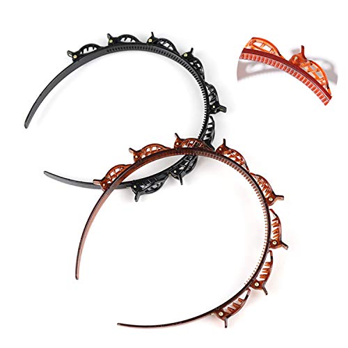 Hair Twister Head Band With Clips Korean Girl Double Bangs Hairstyle Hairpin Korean Double Layer Head band Twist Plait Headband Hair Tools (Black+Brown)