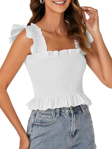 Rooscier Women's Smocked Ruffle Cap Sleeve Square Neck Peplum Blouse Top Plain White Small3