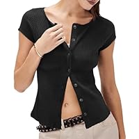 JJAI Short Sleeve Cardigans for Women Ribbed Button Down Ladies Summer Tops Trendy Y2K Slim Fitted Cropped Going Out Tops Black