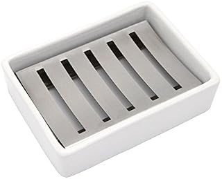Lofekea Ceramic Soap Dish Stainless Steel Soap Holder for Bathroom and Shower Double Layer Draining Soap Box
