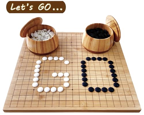Oasis: Wendbares 19x19 / 13x13 Bambus GO-Spiel-Set mit 2-cm Bambusbrett, edlen Bambusbehältern und Mono-konvexen, schwarzen und weißen Steinen aus Kunstharz - klassisches Strategie Brettspiel.