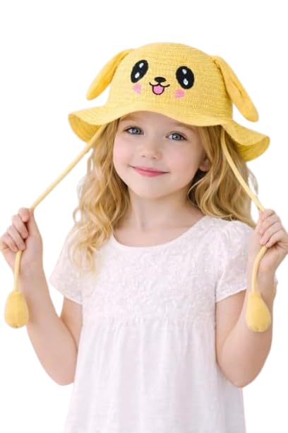 Image of FabSeasons Kids Cute Straw Sun Hat with Moving Ears (Ages 4-8 Years) | UV Protection, Wide Brim, Foldable, Beach Bucket Cap | Girls & Boys Breathable Summer Sun Hat with Inner Adjustable String