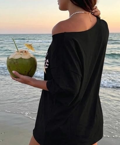 Image of SXV STYLE Women's Casual Letter Print Asymmetric Neck Loose Short Sleeve T-Shirt,