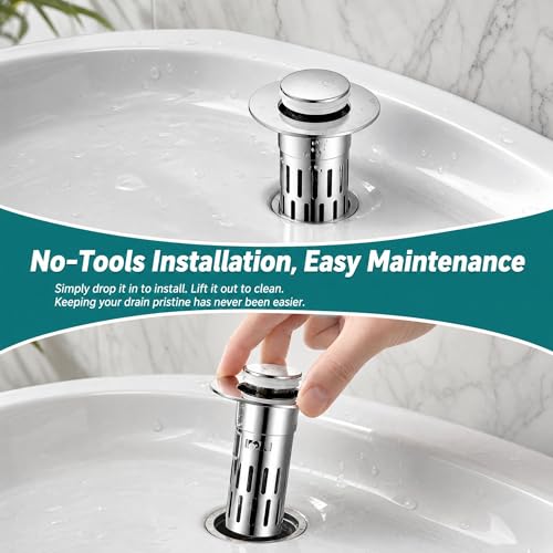 Image of Stainless Steel Bathroom Sink Stopper - Universal Pop-up Drain Stopper with Hair Catcher, Anti-Clog Sink Drain Strainer for Bathroom, Kitchen, RV