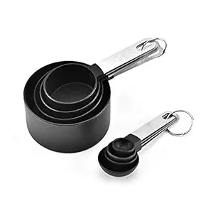 MobFest Food Grade BPA Free 8 Pcs Kitchen Baking Measuring Cup and Spoon Set with Engraved Measurements Stainless Steel Handle, Dishwasher Safe, Rustproof, Odorless Measuring Spoons & Cups (Black)