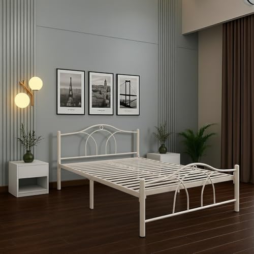Image of Alto Metal King Size Bed Without Storage | Wrought Iron Double Bed with Headboard & Footboard | Sturdy Powder Coated Platform Bed King Size Cot for Bedroom Living Room Ivory (75x72)