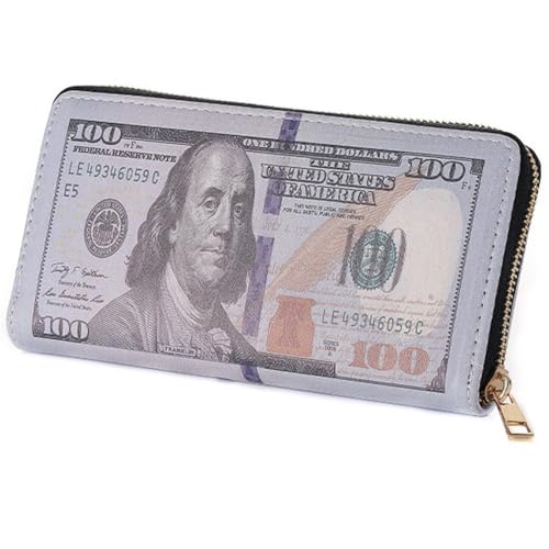 Funny Money Printed Leather Wallet, Cute Cash Coin Pocket Credit Card Holder with Zipper Coin Purse for Women Men
