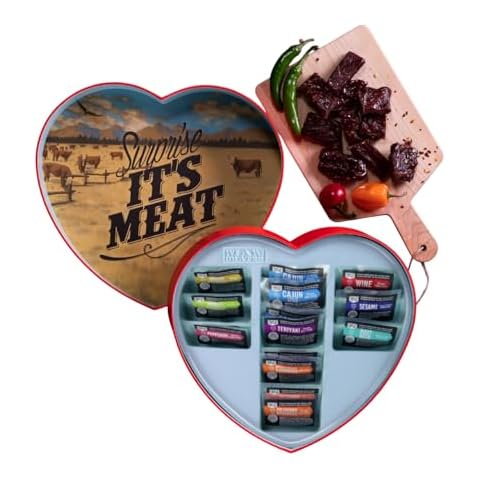 Jerky Heart – Includes 14 Delicious Beef Jerky Snacks With Flavors Like Habanero and Honey Bourbon – In A Delightfully Surprising Heart-Shaped Box Cover