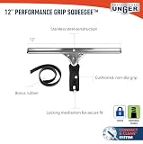 Unger Professional Connect and Clean 12” Performance Squeegee for Glass and Window Care with Replacement Rubber, Heavy Duty Cleaning Supplies with Streak-Free Results, Handheld Household Cleaner Tool