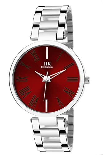 Image of IIK COLLECTION Round Studded Dial |Analogue Quartz Movemnet Ladies Watch|Long Battery Life|Stainless Steel Adjustable Bracelet Chain Strap|Double Lock Clasp Safety Watches For Girl's, Dial Color-Red