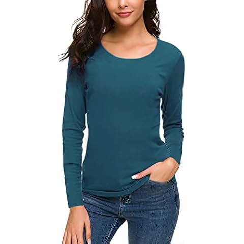 RightPerson Women's Long Sleeve Scoop Neck T-Shirt Basic Solid Slim Cotton Tops(Peacock Blue/O-Neck,S) Cover