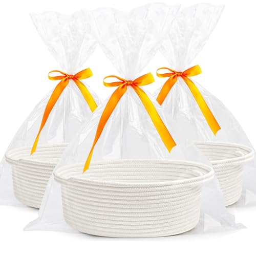 Gift Basket Empty, Small Woven Storage Basket with Gift Bags & Ribbons, Cotton Rope Room Shelf Storage Basket with Handle for Organizer Nursery Bins or Baby Shower 12