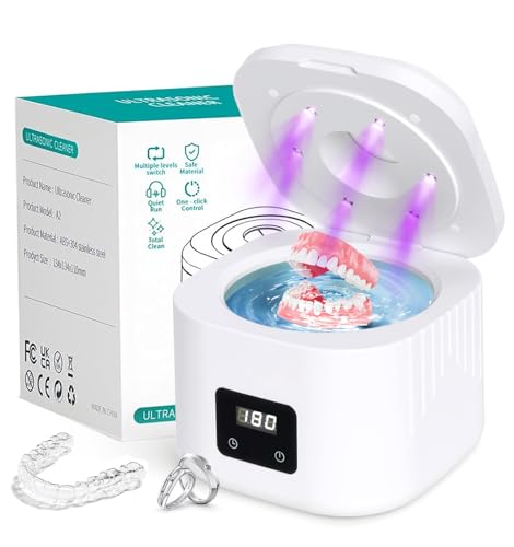 Retainer Ultrasonic Denture Cleaner Machine, 49kHz Dental Night Guard Cleaning Tablets Ultra Sonic Dental Tools for Aligner, Braces, Toothbrush Head & Jewelry with Digital Timer & 3 Mode White