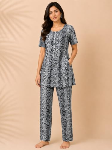 Image of KIAWAH Women Printed Night Suit Set, Cotton Blend Night Suit, A-Line Top and Pajama Set, Soft and Breathable Night Wear