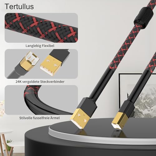 Tertullus High End kabel USB HiFi 1 m A-B do strumieniowego przesyłania audio, DAC, komputera, karty dźwiękowej, dekodera, wzmacniacza, odtwarzacza cyfrowego - USB-A na USB-B cyfrowy kabel do drukarki