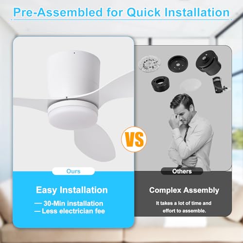 Image of Depuley Flush Mount Ceiling Fan: 42-Inch White Ceiling Fans with Lights for Bedroom Indoor Outdoor - Low Profile Ceiling Fans with Remote Control 24W 3CCT Dimmable 3 Reversible White Blades 6 Speeds