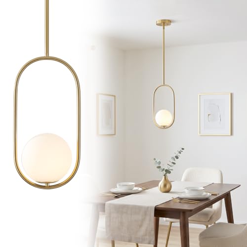 Image of Glass Pendant Light, G9, Gold 15 cm Milky Globe, Sloped Ceiling Compatible