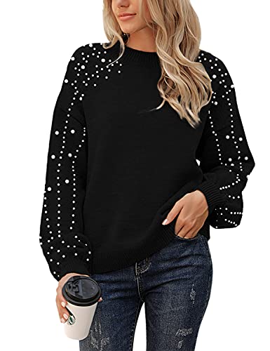 Blooming Jelly Women's Chunky Sweater Crewneck Sweatshirt Knit Lantern Sleeve Oversized Pullover Sweater With Pearls (Small,Black) #TOP28