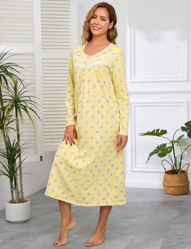 Image of IZZY + TOBY Nightgowns for Women Long Sleeve Soft Cotton Long Warm Nightdress Kintted Night Gown