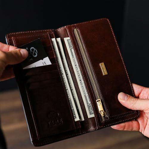 Image of Time Resistance Long Leather Wallet - Bifold Mens Suit Leather Wallet - Checkbook Wallet - Tall Billfold Card Wallet - Slim Wallet Made in Italy (Brown)