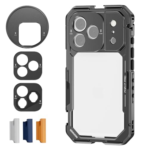 Image of NEEWER Phone Cage Compatible with iPhone 17 Pro, Quick Release Video Rig Stabilizer Accessories with 67mm Filter Ring, 17mm Lens Backplate, T Mount Adapter, 4X Camera Control Cap, PA143 (Black)