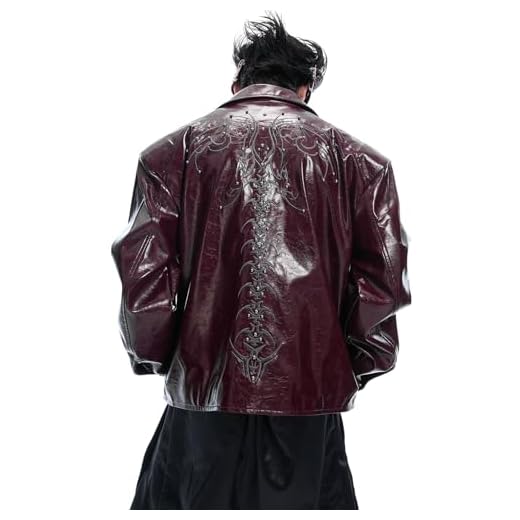 YCVAZXSZ Jaqueta Masculina de Couro Sintético com Bordados Contas Zíper Duplo Brilhante Estiloso Casual com Bolsos,Red,S