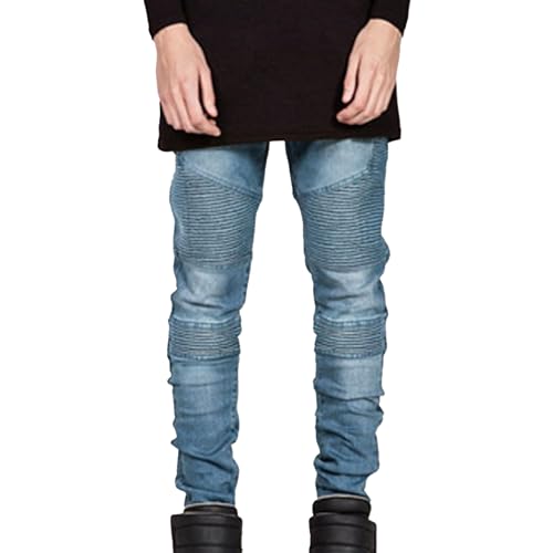 Men's Regular Fit Flex Jeans Biker Deco Washed Denim Pants Slim Fit Motorcycle Skinny Jean