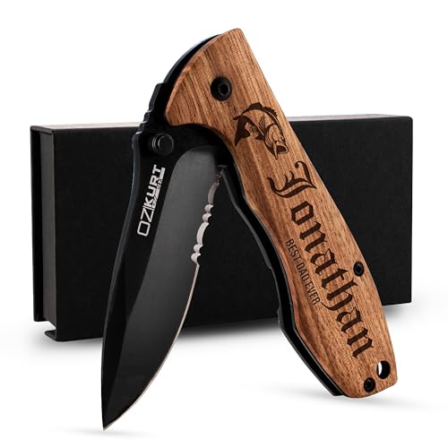 Customization Mill Gifts for Men, Personalized Engraved Oak Wood Pocket Knife - 36 Icons, 20 Stylish Font - Custom Pocket Knives