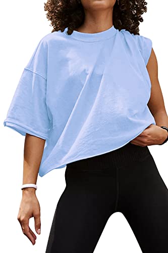 Image of HUGOOME Womens Oversized Workout Crop Top Casual Short Sleeve Boxy Roll Hem | Basic Half Split Sleeve Drop Shoulder Loose Yoga Running Gym Tee Cropped T-shirt Solid Trendy Relaxed Daily Tee