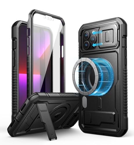 Dexnor Magnetic Bumper Case for iPhone 13 Pro Max, MagSafe Comapitble, Heavy-duty Shockproof Full-body Rugged Protective Cover with Kickstand & Camera Cover & Screen Protector - Black