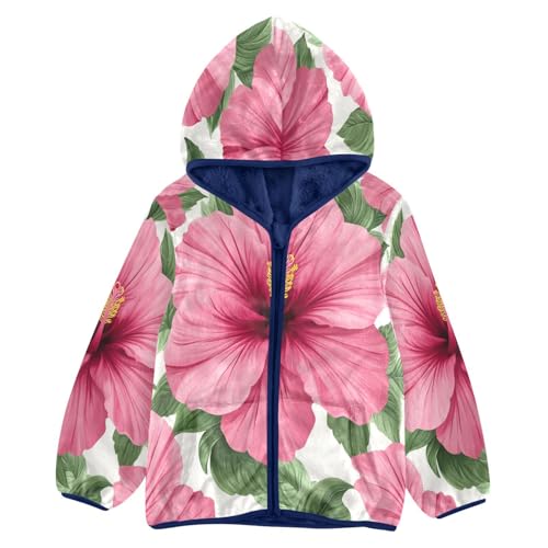 Pink Hibiscus Floral Pattern Toddler Fleece Jacket Girl Boys Hooded Fleece Jacket Coat Warm Outwear Zip-up 3-10T