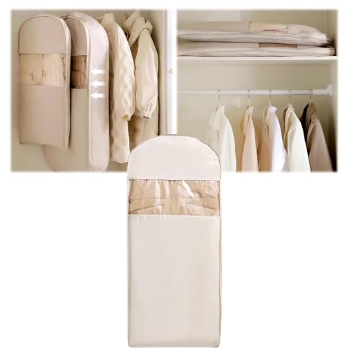 Space Saving Hanging Garment Bag with Self Compression Zipper, Space Saver Closet Organizers, Dust Cover Clothes Bags for Down Coat (Beige, Large)