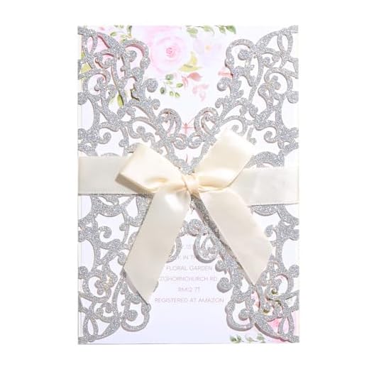 AdasBridal 50Pcs Glitter Floral Laser Cut Wedding Invitation Cards with Envelope Blank Inner Sheet and Ribbon for Wedding Engagement Bridal Shower Party Invite(7.09 X 4.92inch, Silvery)