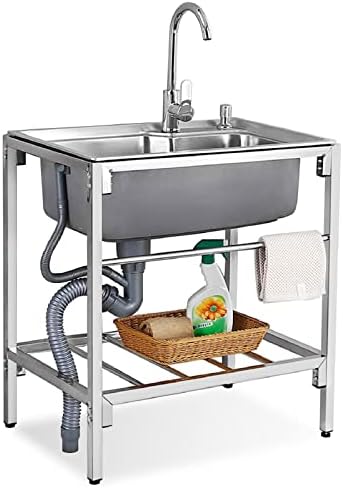 Stainless Steel Utility Sink Single Bowl, Outdoor Garden Sink Freestanding Commercial Restaurant Sink Anti-overflow with Faucet Drain Basket Shelf Towel Bar, for Kitchen, Laundry Room, Garage