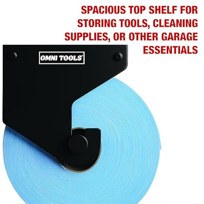 Omni Tools Garage Paper Roll Holder with Shelf, 9.5 inch Industrial Blue Roll Paper Towel Dispenser Holder for Garages, Workshops, and Tool Rooms