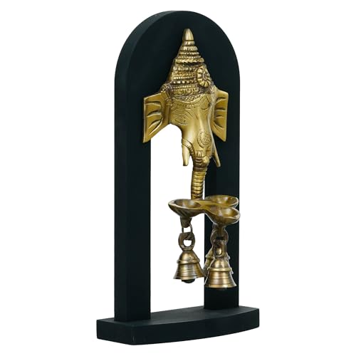 Image of eCraftIndia Golden Ganesha Brass Diya with 3 Wicks & Bells | Diwali Decoration Items for Home Decor | Gift for Diwali Housewarming