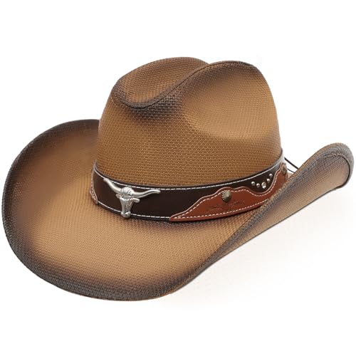 WQWOVRVO Cowboy Hat Cowgirl hat Brown Cowboy Hats for Women/Mens Straw Wide with Shapeable Brim Western Cowboy Hat for Womens (US Alpha One Size Light Brown)