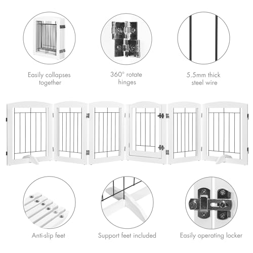 Spirich Extra Wide Dog Gates with Walk Through Door, Wooden Freestanding Pet Gate for Dog, Dog Gate for The House, Doorway, Stairs, 120\" Wide Pet Puppy Safety Fence with 6 Panels (White)