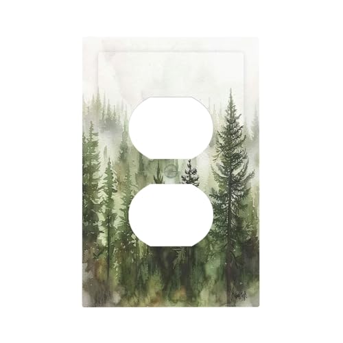 Nadoabtm Outlet Covers Green Forest Watercolor Painting Foggy Pine 1 Gang Duplex Wall Plate Decorative Switch Plates Electrical Receptacle Faceplate Light Switch Cover for Bedroom living Room Decor