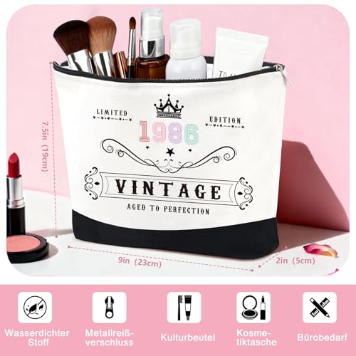 40.Geburtstag Geschenk Frau,Vintage 1986 Canvas Einkaufstasche Tragetasche Kosmetiktasche 7 Set mit Becher Strohhalm Grußkarte,40. Geburtstagsgeschenk für Mama, Freundin, Kollegin oder Schwester