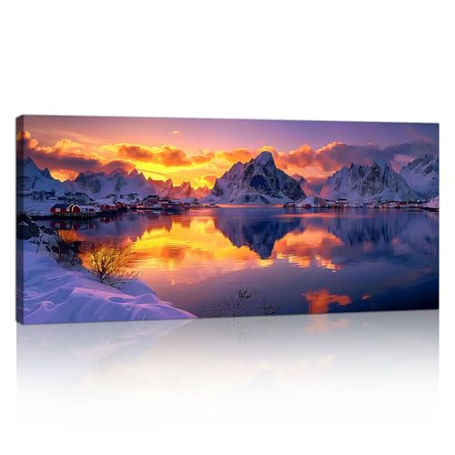 Grande Nature Paysage Tableau Murale Decoration, Cadre en Bois Coucher de Soleil Au-dessus Neige Montagnes Impression Sur Toile Peintures Sur Toile Mural Salon...
