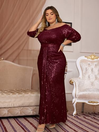Image of Madam Uniq Women Plus Size Short Sleeve Sequin 1920s Dress Off Shoulder Maxi Formal Cocktail Wedding Party Evening Gown