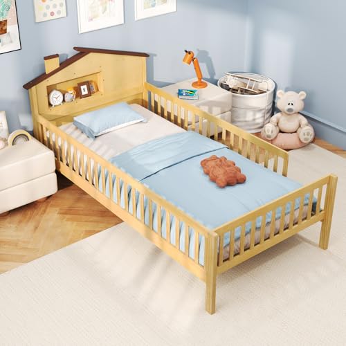 Giantex Twin Kids Bed Frame, Solid Wood Montessori Bed with Guardrails & House-Shaped Headboard, Built-in Storage Shelf, No Box Spring Needed, for Boys Girls, White - Image 4