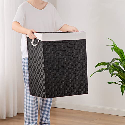 Fiona's Magic Laundry Hamper Basket With Lid, Handwoven 90L Large Clothes Hamper With Removable Liner Bags, Collapsible Black Tall Hamper For Bathroom, Bedroom And Dorm Room Organizer #TOP3