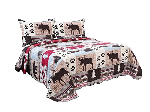 Marina Decoration Rich Printed Embossed Pinsonic Coverlet Bedspread Ultra Soft 3 Piece Summer Quilt Set With 2 Quilted Shams, Cabin Moose Bear Pattern King Size #TOP7