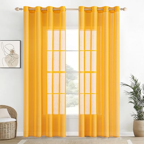 EMEMA Cortinas de Voile Transparentes de Lino Con Ojales para Salón - Juego de 2 para Ventana, 140 x 225cm (B x H), Amarillo